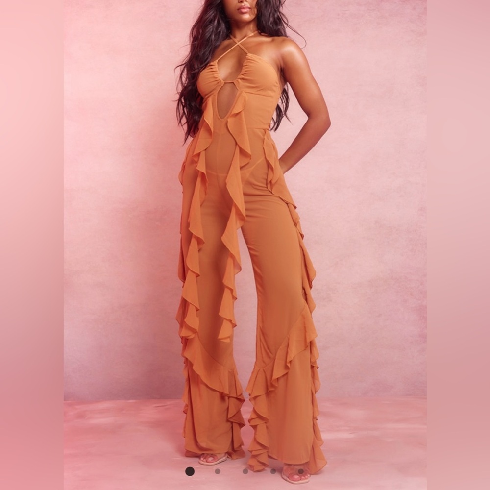 Tobacco Halterneck Ruffle Wide Leg Jumpsuit